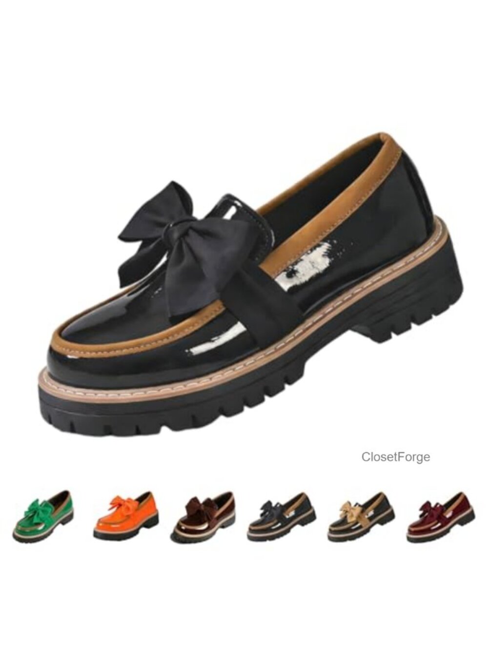Patent Leather Bowknot Chunky Platform Loafers Round Toe Lug Sole Non-Slip
